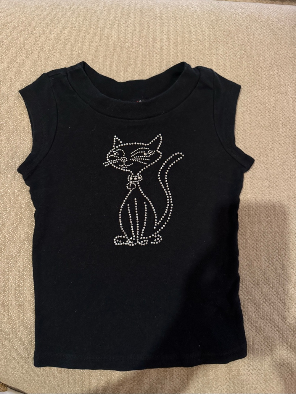 Girls Black Tank Top with Rhinestone Cat Accent